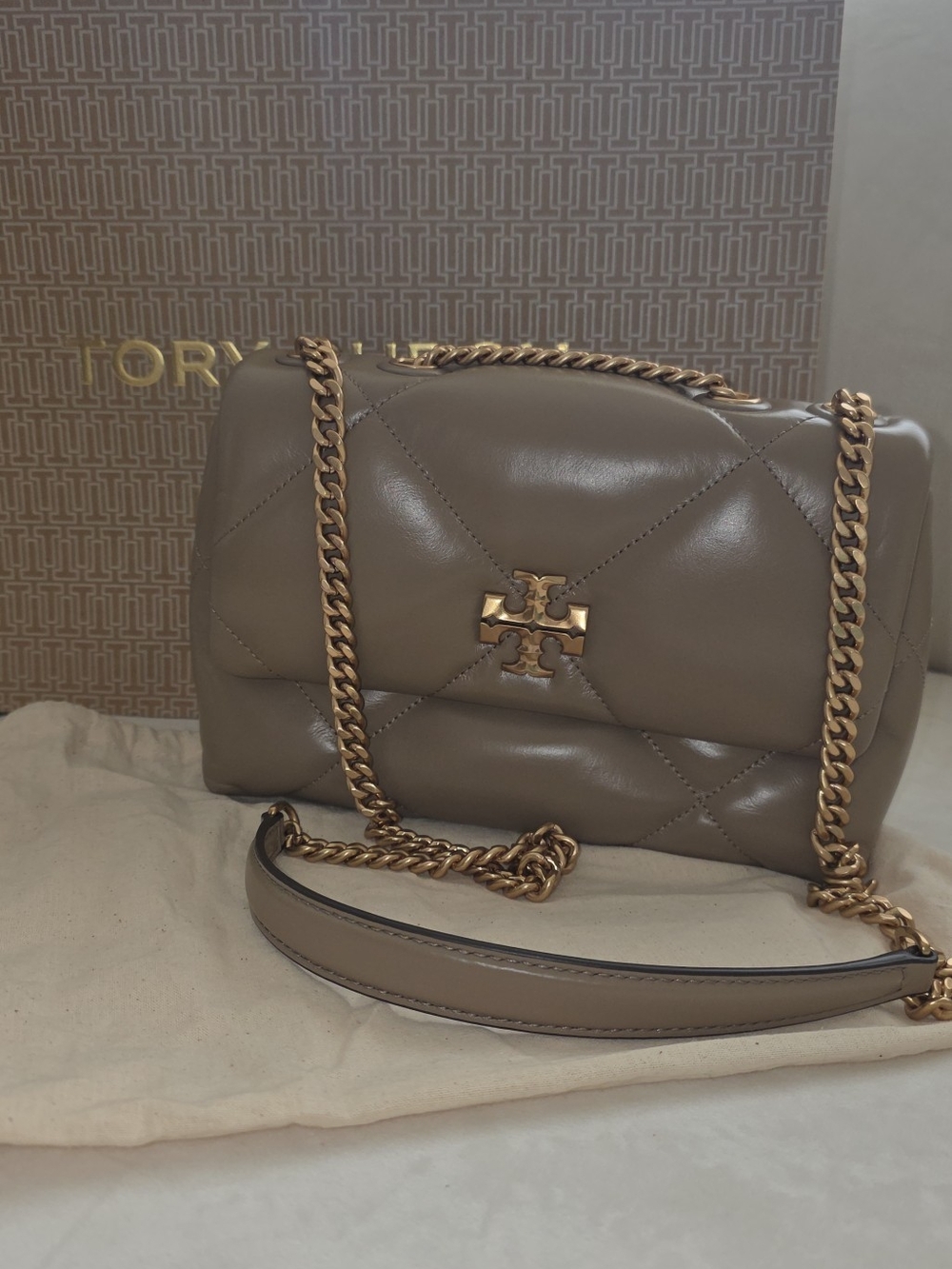 Tory Burch Quilted Taupe Leather Chain Shoulder Bag with Gold Hardware